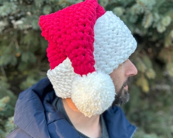 Crochet Santa Hat, Handmade Winter Hat, Santa Hat with Pom, Chunky Santa Hat, Christmas Gift Soft Hat, Christmas Family Matching Hats