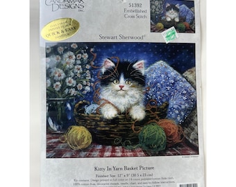 Vintage Candamar Designs #51392 Kitty in Yarn Basket Cross Stitch Kit New
