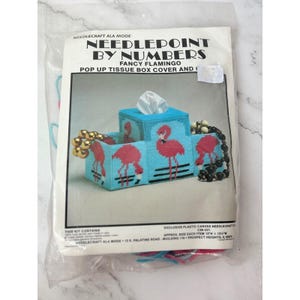 Vintage Needlepoint Kit Fancy Flamingo Tissue Cover Caddy Plastic Canvas 1988