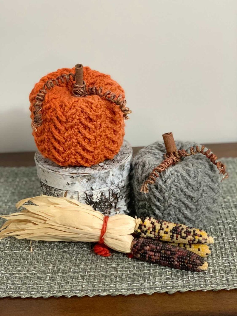May include: Two knitted pumpkins, one orange and one gray, with a brown stem and a curled twig. The pumpkins are sitting on a wooden surface with a woven mat and a bundle of dried corn husks.