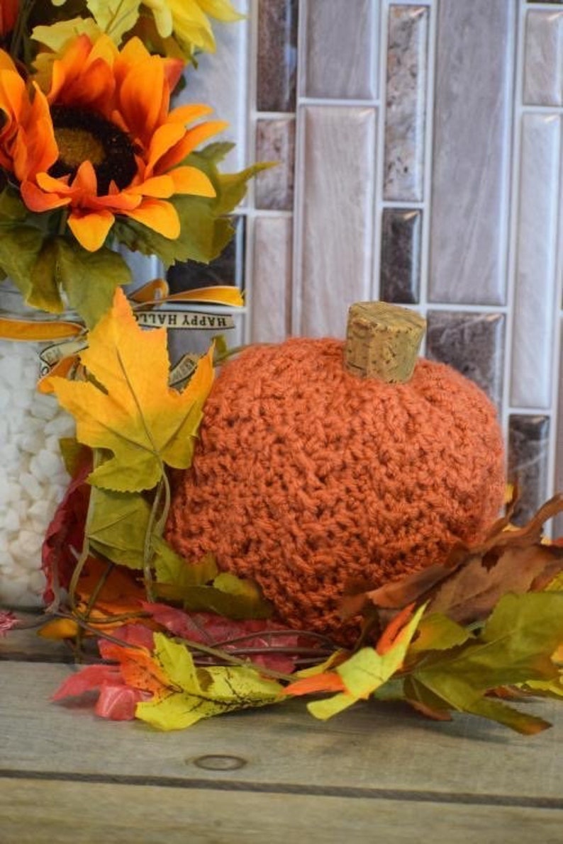 May include: A crocheted orange pumpkin with a cork top, surrounded by fall leaves and a sunflower.