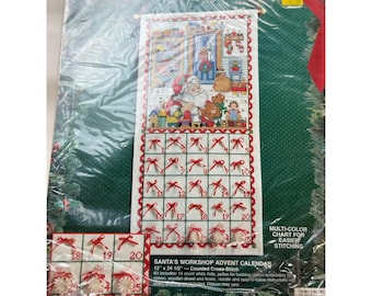Vintage Bucilla Santa's Workshop Counted Cross Stitch Advent Calendar Kit 83085