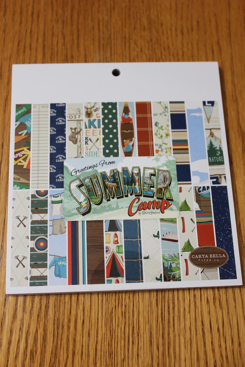 May include: A sheet of patterned paper with a summer camp theme. The paper is divided into 20 strips, each with a different pattern. The patterns include a red and white plaid, a blue and white striped pattern, a green and white polka dot pattern, a blue and white striped pattern, a green and white plaid pattern, a blue and white striped pattern, a green and white polka dot pattern, a blue and white striped pattern, a green and white plaid pattern, a blue and white striped pattern, a green and white polka dot pattern, a blue and white striped pattern, a green and white plaid pattern, a blue and white striped pattern, a green and white polka dot pattern, a blue and white striped pattern, a green and white plaid pattern, a blue and white striped pattern, a green and white polka dot pattern, and a blue and white striped pattern. The paper also includes a title card that says 'Greetings From Summer Camp'.
