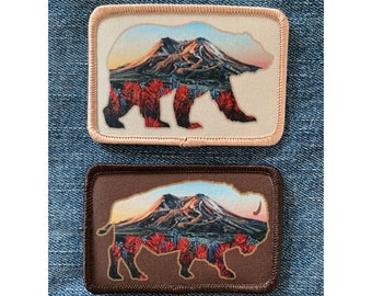 Buffalo and Bear Patch | Bison Patch | Hat Patch | Clothing Patch | Mountain Art Patch | Mt St Helens Patch