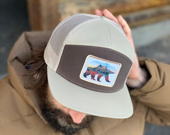 7-Panel ~ Buffalo Patch Mesh Trucker Hat | Mt St Helens | Bison Hat | Mt St Helens Hat | Art Hat | Bear Patch Hat | Mountain Art Hat