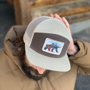 7-Panel ~ Buffalo Patch Mesh Trucker Hat | Mt St Helens | Bison Hat | Mt St Helens Hat | Art Hat | Bear Patch Hat | Mountain Art Hat