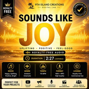 May include: A golden-toned graphic promoting royalty-free audio, with the text "SOUNDS LIKE JOY." The image includes details on mood, genre, tempo, and format. The duration is 2:27, and the audio is perfect for various projects.