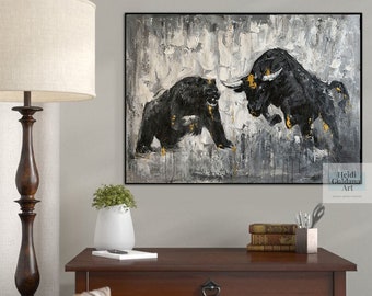 Large Bull Painting on Canvas Handmade Art Original Wall Art Bull VS Bear Painting Abtract Oil Painting Bear Wall Art Large Canvas Art H669