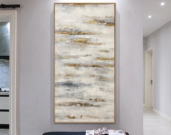 Cuadro abstracto texturizado original, arte mural hecho a mano en blanco, gris y dorado para interiores modernos H707