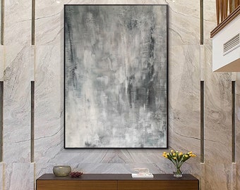 gran arte mural de lienzo, abstracto de pintura gris, arte de lienzo original, arte moderno de pared abstracta, pintura contemporánea, arte de pared texturizado A14