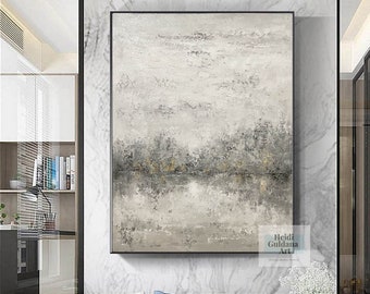 大きなグレーと白の壁アート グレーのテクスチャー絵画 ゴールドの抽象