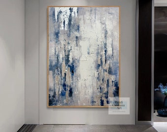 dark blue painting blue and silver oil painting on canvas royal blue canvas art abstract silver and blue textured art contemporary art H734