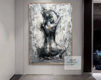 Pintura abstracta de figuras en blanco, negro y dorado - Arte original hecho a mano con textura de desnudo - Decoración moderna de pared en lienzo H711