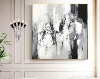 Large white and black abstract painting black and white textured painting oversize wall art black and white art living room painting H60