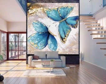 Original Abstract Art Painting on Canvas, Blue Painting, Handmade Wall Art Abstract Painting, Butterfly Painting, Contemporary Art H203