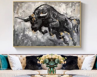 bull painting on canvas, OX artwork original abstract painting, large canvas art, handmade wall art, acrylic painting, textured art H645