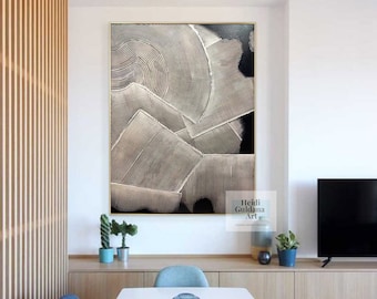 Original Black and Beige Abstract Line Painting – Textured Geometric Canvas Wall Art for Modern Minimalist Interior Design H770