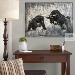 Large Bull Painting on Canvas Handmade Art Original Wall Art Bull VS Bear Painting Abtract Oil Painting Bear Wall Art Large Canvas Art H669