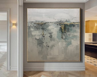 abstract textured painting green blue hand painted palette knife abstract art original painting large canvas art textured wall art H631