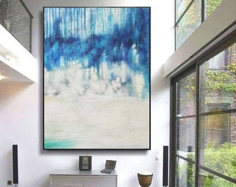 blue and white painting on canvas original oil art abstract wall art modern art for living Room contemporary wall art oversize paintingH36
