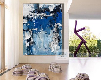 ダークブルーの絵画 オリジナル油絵 大きなブルーの壁アート ブルーの
