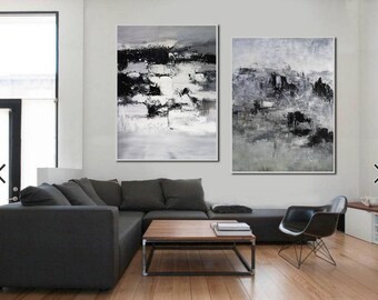 set of 2 canvas art, extra large wall art, black and white abstract painting on canvas, contemporary art, large canvas wall art abstract H63