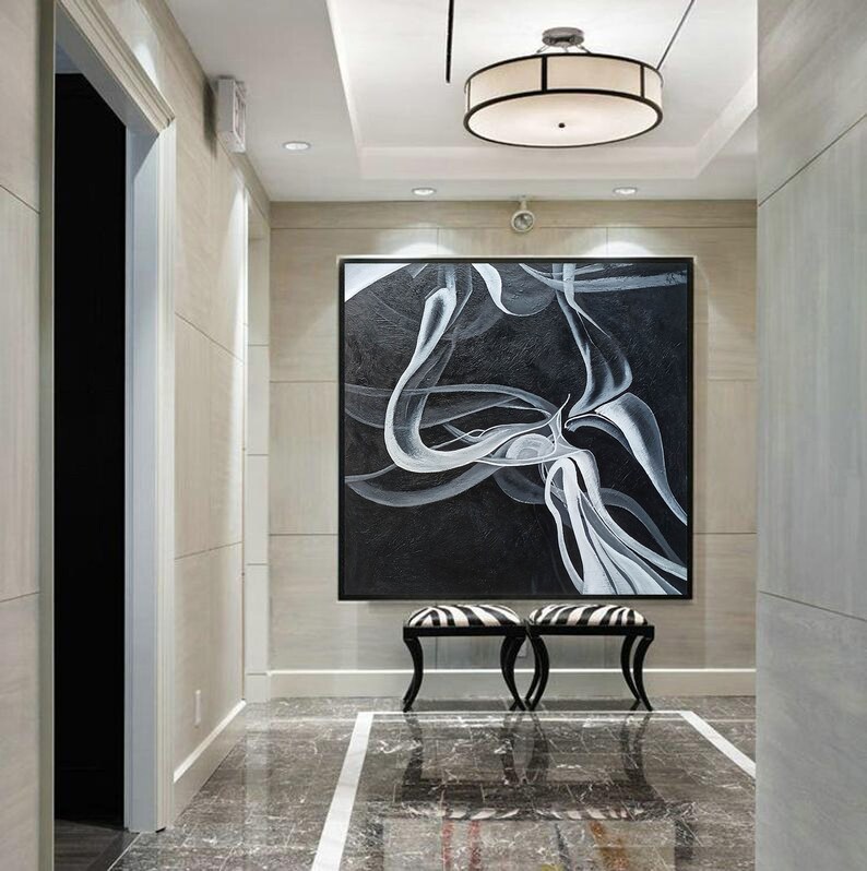 Large Abstract Wall Art Black Painting on Canvas Modern Etsy