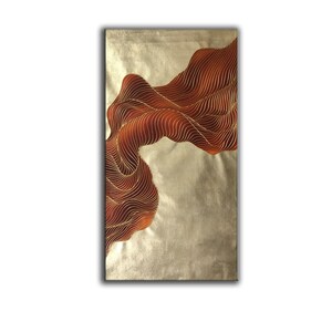 May include: Abstract painting with a flowing, wave-like design in shades of brown and gold on a textured gold background.