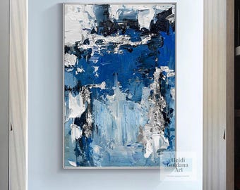 ダークブルーの絵画 オリジナル油絵 大きなブルーの壁アート ブルーの