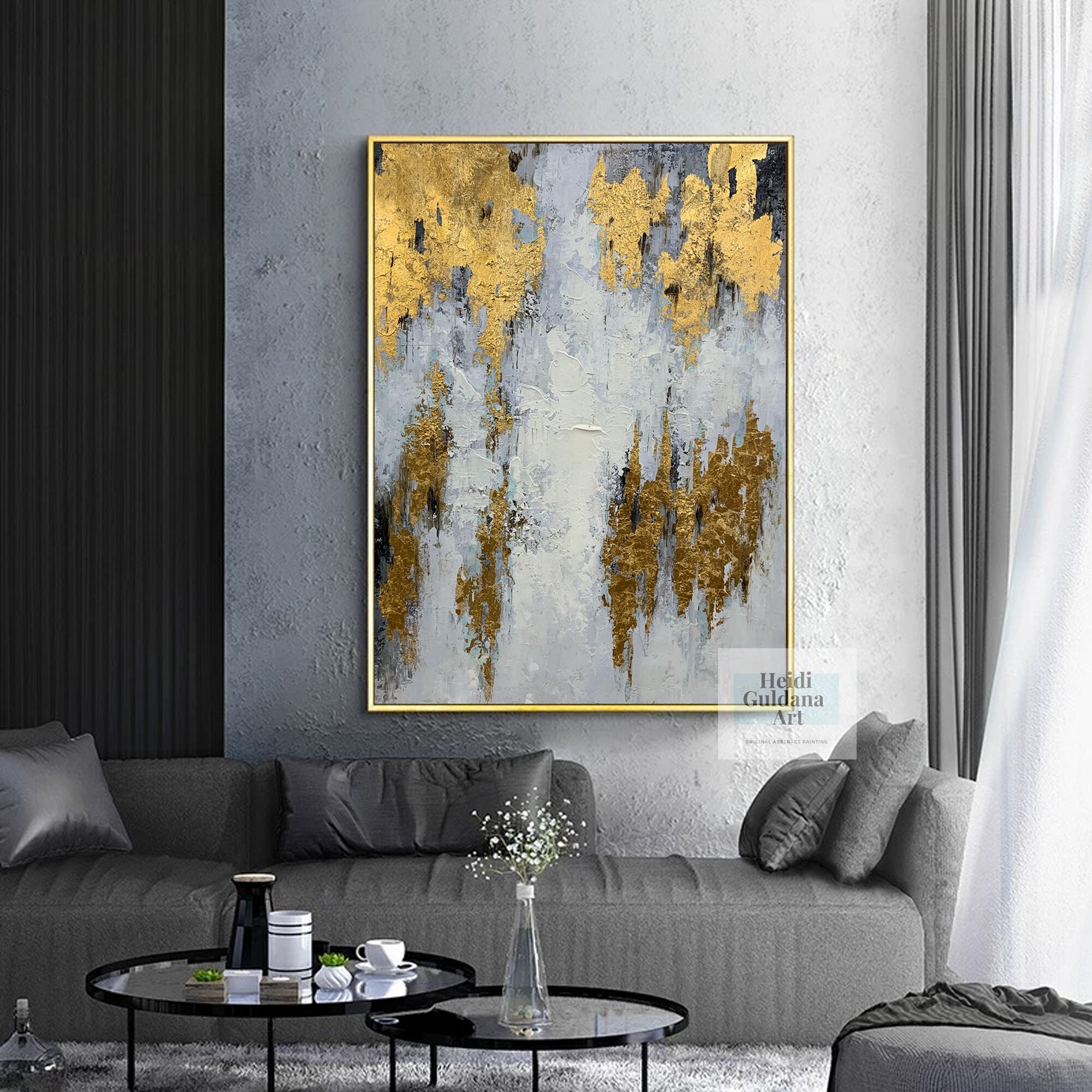 オリジナルの油絵抽象画、キャンバスに描かれた金彩画、大きな抽象画壁