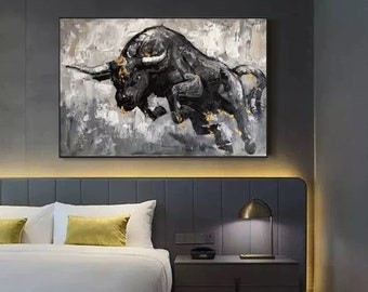 Pintura original de toro sobre lienzo, pintura de buey, arte mural original de gran tamaño sobre lienzo de toro, pintura al óleo abstracta de toro, pintura de toro corriendo H645