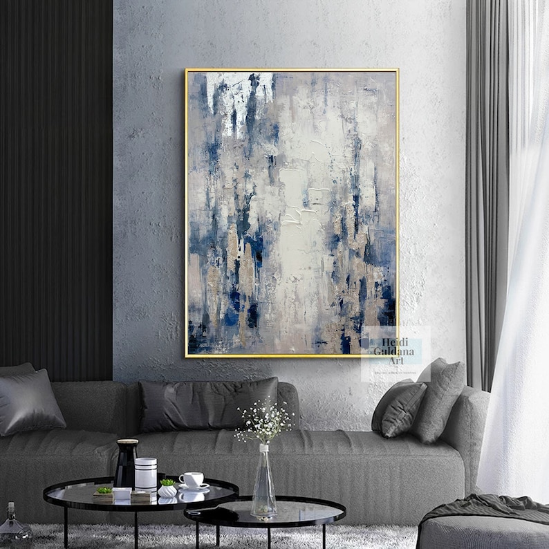 silver painting on canvas, original wall art, blue painting, modern abstract canvas art, rich textured art, contemporary painting H734 image 4