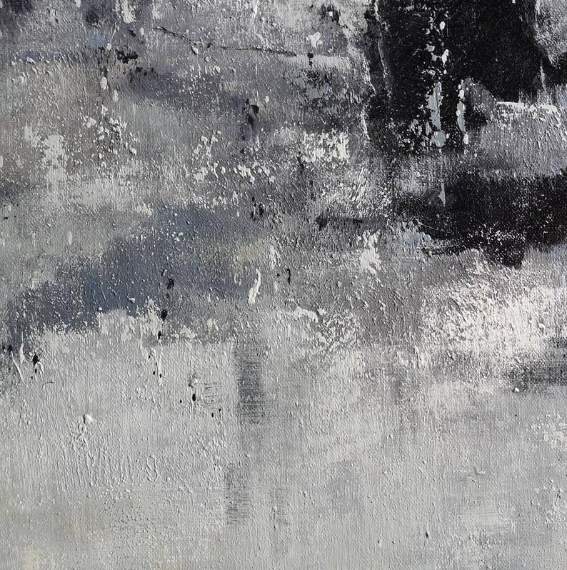 May include: Abstract painting with a textured, layered look. The painting features shades of grey and black, with a white underpainting visible in some areas.