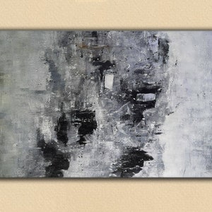 May include: Abstract painting in a grey and black colour scheme. The painting has a textured surface and a variety of brushstrokes. The colours are muted and blend together to create a sense of depth and movement.
