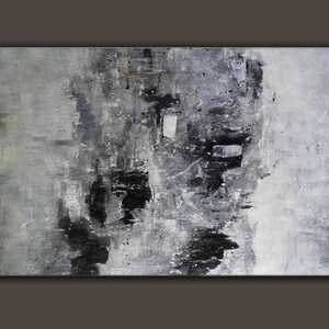 May include: Abstract painting with black and grey brushstrokes on a white canvas. The painting has a textured surface and a modern style.