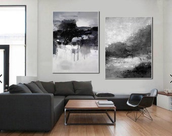 Set of 2 painting, extra large wall art, large painting on canvas,black and white abstract art,oversized wall art,large canvas wall art H68