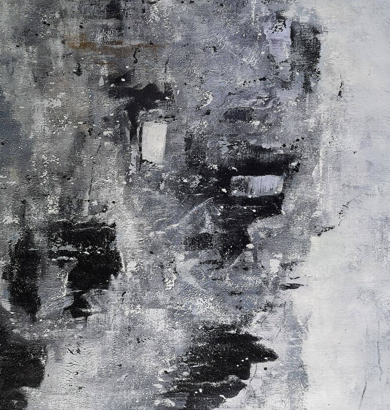 May include: Abstract painting with black and grey paint strokes on a white canvas. The painting has a textured look and feel.