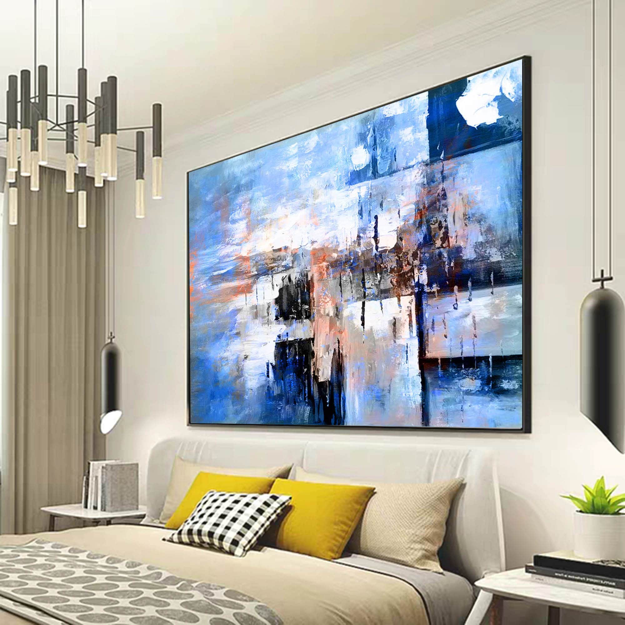 ZHMANLUCK Grote ingelijste canvas blauwe en gouden muurkunst voor woonkamer abstracte foto's kunstwerk slaapkamer, eetkamer, badkamer 100 x 200 cm met zwart frame