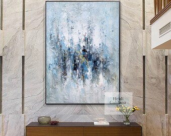 特大　油絵絵画　抽象画 青い絵画手作り、特大壁アートキャンバス上の抽象画、オリジナルの抽象