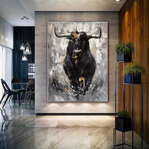 Original Bull Abstract Wall Art Bull Painting on Canvas Large Black Bull Painting on Canvas Bull Abstract Canvas Art Textured Wall Art H643