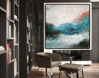 pintura original sobre lienzo grande, arte de pared de gran tamaño, pintura azul, arte de lienzo extra grande, arte abstracto moderno, arte de pared de la sala de estar H27