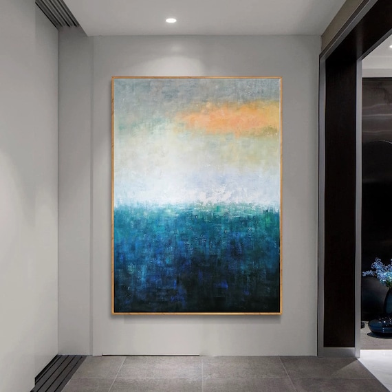 キャンバスに描かれた青い抽象画、特大抽象画、大型キャンバス壁アート