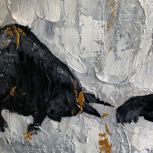 May include: Abstract painting featuring two black crows on a textured white and gray background with gold accents.