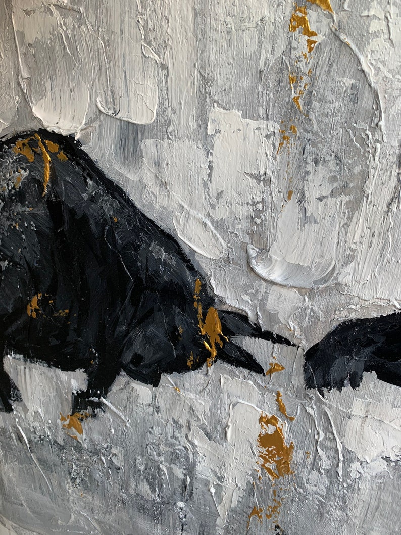 May include: Abstract painting featuring two black crows on a textured white and gray background with gold accents.