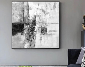 Large Black and White Abstract Painting on Canvas: Living Room Wall Art