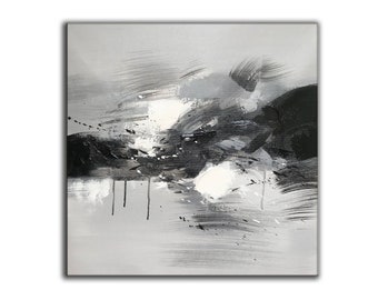 黒と白の抽象油彩画 手作りの黒と白の重厚なテクスチャーの抽象油絵キャンバス 3D 壁