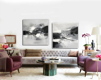 キャンバスアート 2 枚セット、白黒アート、特大オリジナル抽象画