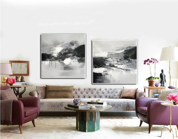 キャンバスアート 2 枚セット、白黒アート、特大オリジナル抽象画