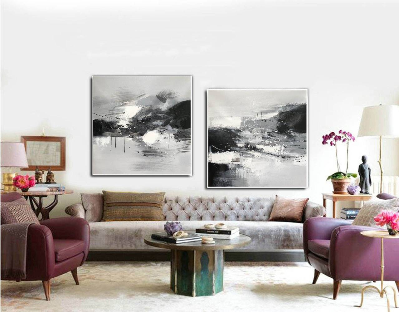 キャンバスアート 2 枚セット、白黒アート、特大オリジナル抽象画