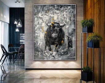 Gran pintura abstracta de toro sobre lienzo Arte de pared de lienzo de toro original Obra de arte de toro sobre lienzo Obra de arte de buey original Pintura para sala de estar H646